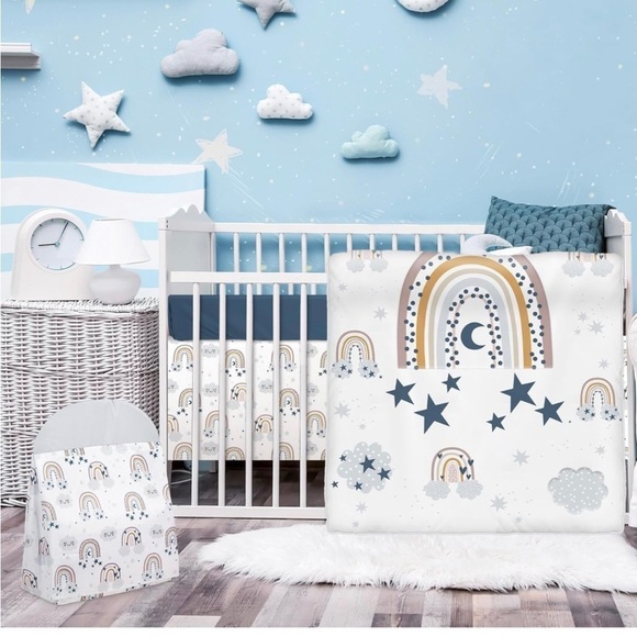 New 4 Pieces Baby Crib Bedding Standard Sz Crib Skirt Blanket Sheet Diaper